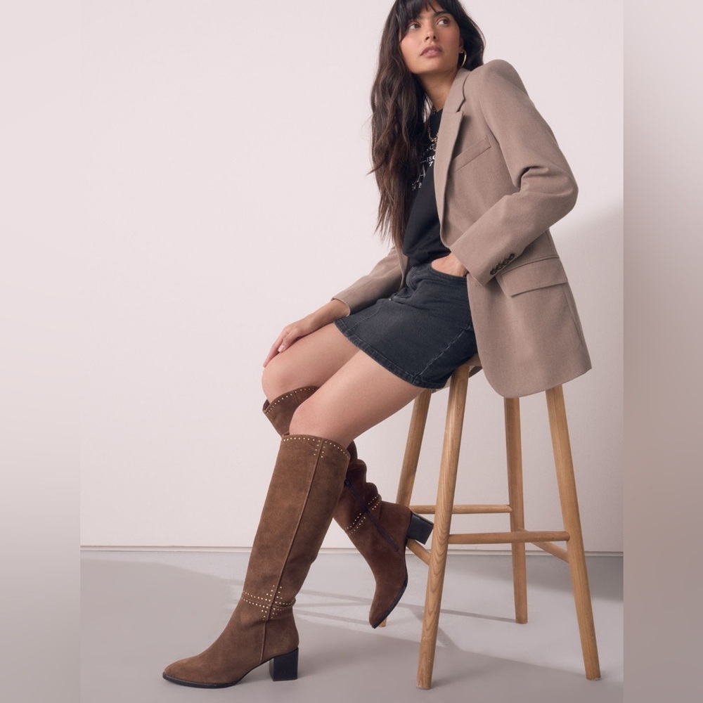 Next Brown Suede Over-the-Knee Studded Boots - Picture 2 of 11